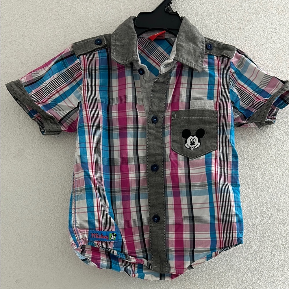🦋 Disney Mickey Mouse Vintage Plaid Boys Shirt - Blue, Pink, Gray. 3/4 years.